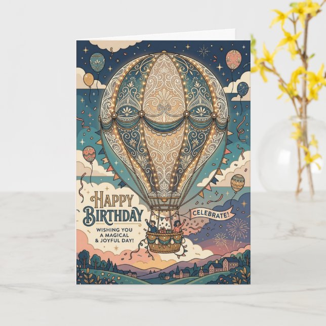 Carte Aventure d'anniversaire en montgolfière Steampunk (Fleur jaune)