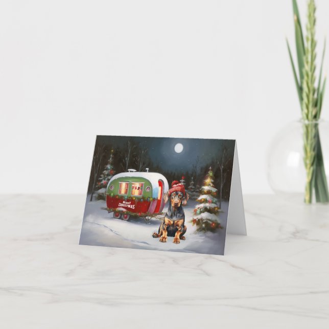 Carte Aventure de Noël du Doberman d'hiver Caravane  (Devant)