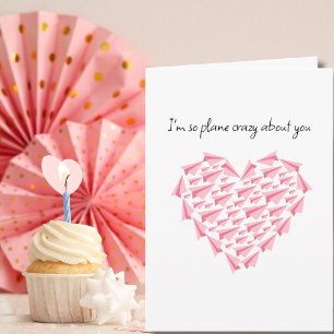 Carte Avion en papier rose cœur avion fou de vous