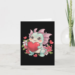 Carte Axolotl Adorable Tenant un Cœur Avec des Fleurs