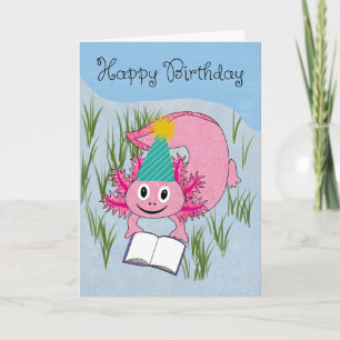 Carte Axolotl d'anniversaire portant un chapeau de fête
