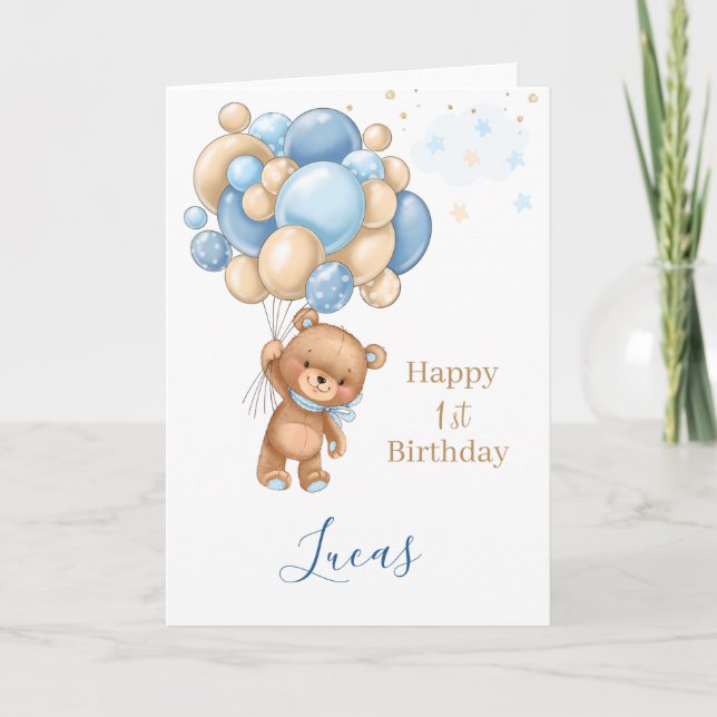 Carte Baby 1st Birthday Teddy Bear Blue Balloons (Devant)