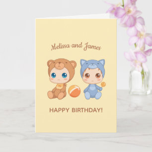 Carte Baby Bear Chat Twins Anniversaire Jaune Blank