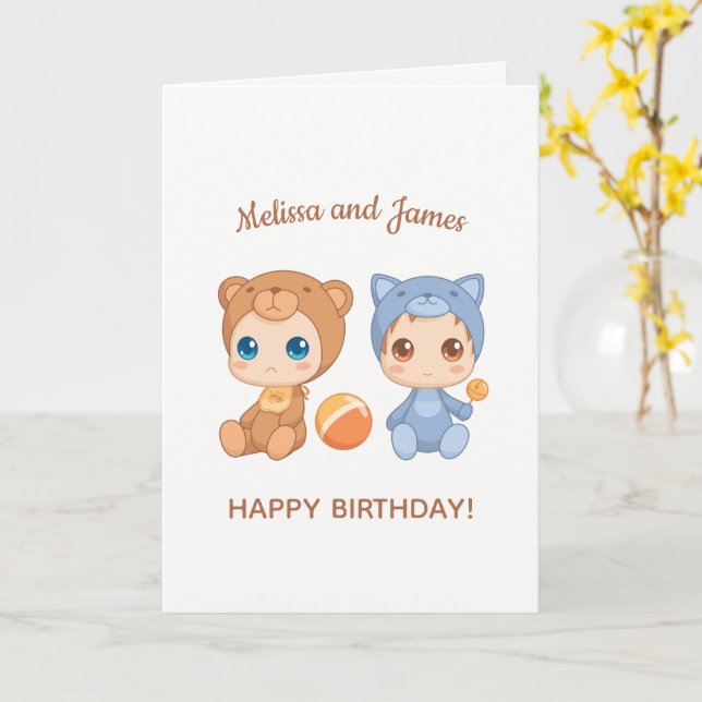 Carte Baby Bear Chat Twins Anniversaire Nom personnalisé (Fleur jaune)
