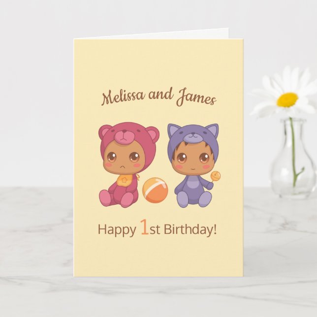 Carte Baby Bear Chat Twins Noms de premier anniversaire  (Petite plante)