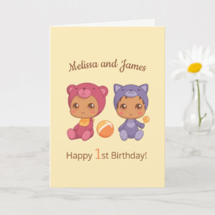 Carte Baby Bear Chat Twins Noms de premier anniversaire