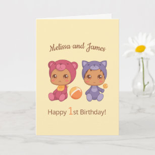 Carte Baby Bear Chat Twins Noms de premier anniversaire 