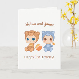 Carte Baby Bear Chat Twins Premier Anniversaire Blanc