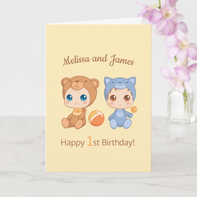Carte Baby Bear Chat Twins Premier anniversaire Jaune Bl (Orchidée)