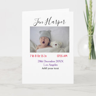Carte Baby birth stats add name place date keepsake memo