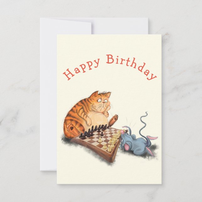 Carte Baby Birthday Card Chat et souris Jouer aux échecs (Devant)
