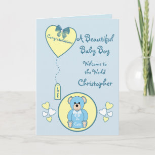 Carte Baby Boy Card ours en peluche bleu et jaune