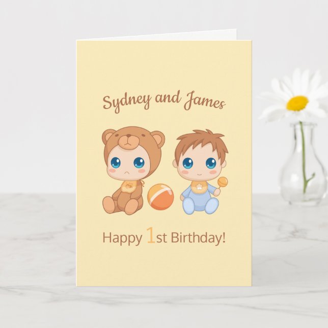 Carte Baby Boy Twins Premier anniversaire Jaune Blank (Petite plante)
