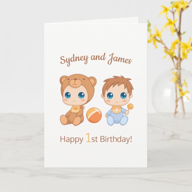 Carte Baby Boy Twins Premier Anniversaire Noms vierges (Fleur jaune)