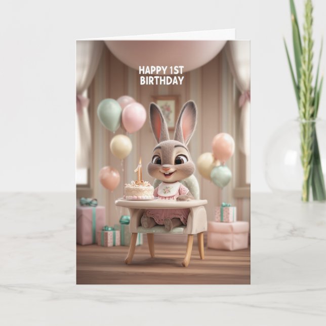 Carte Baby Bunny in High Chair w/ Balloons 1st Birthday (Devant)