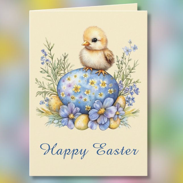 Carte Baby Chick Happy Easter Egg Blue Yellow Flowers (Créateur téléchargé)