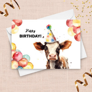 Carte Baby Cow Balloons et Casquette de fête ferme Anniv