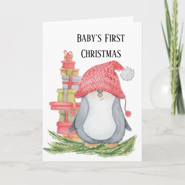 Carte Baby First Noël avec le pingouin et les présents (Devant)