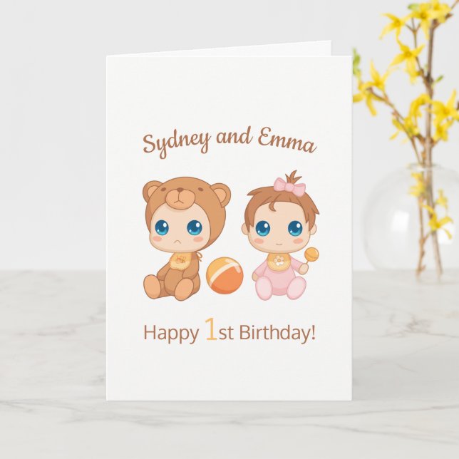 Carte Baby Girl Twins First Birthday Names Blank (Fleur jaune)