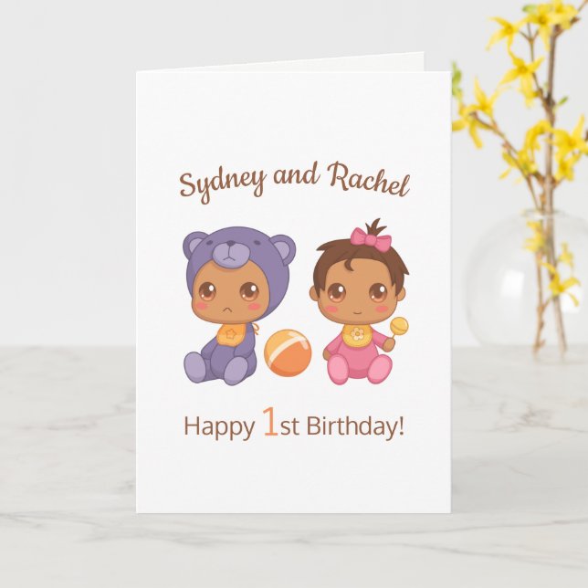 Carte Baby Girl Twins First Birthday Names Blank 2 (Fleur jaune)