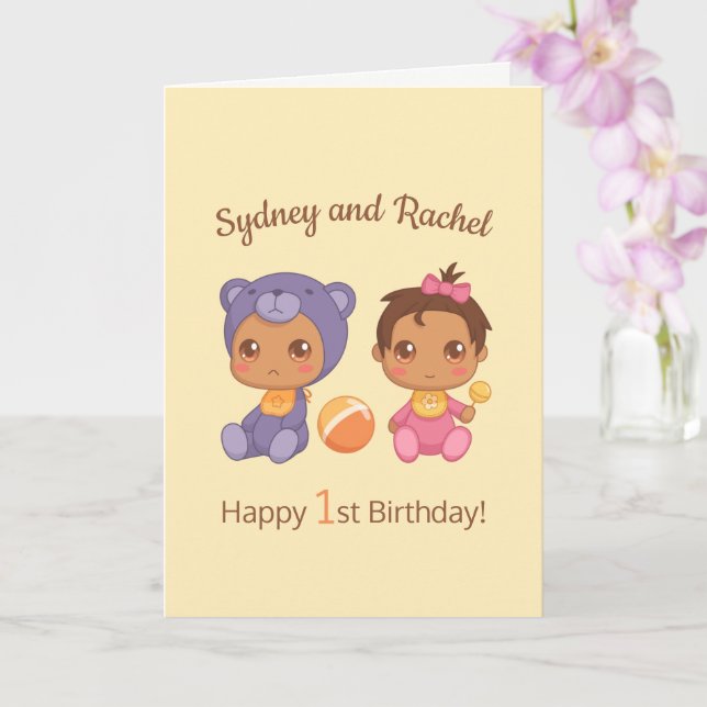 Carte Baby Girl Twins Premier anniversaire Jaune Blank 2 (Orchidée)