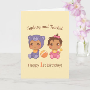 Carte Baby Girl Twins Premier anniversaire Jaune Blank 2