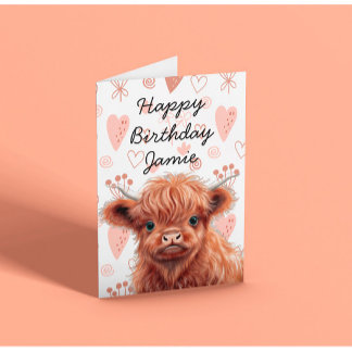 Carte Baby Highland Cow Anniversaire Nom personnalisé