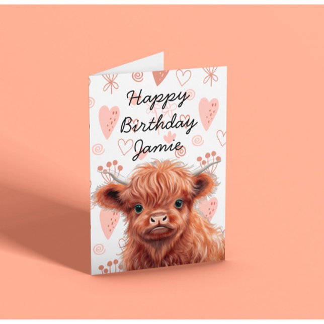 Carte Baby Highland Cow Anniversaire Nom personnalisé (Créateur téléchargé)