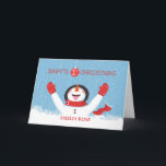 Carte Baby Name First Christmas Snowman<br><div class="desc">Ce sera une carte de souvenir pour le petit lors du premier Noël ! Personnalisez le nom,  le garçon ou la fille sur le fond du bonhomme de neige dans la neige. Le bonhomme de neige se met à toucher les flocons de neige et en déguste quelques uns !</div>