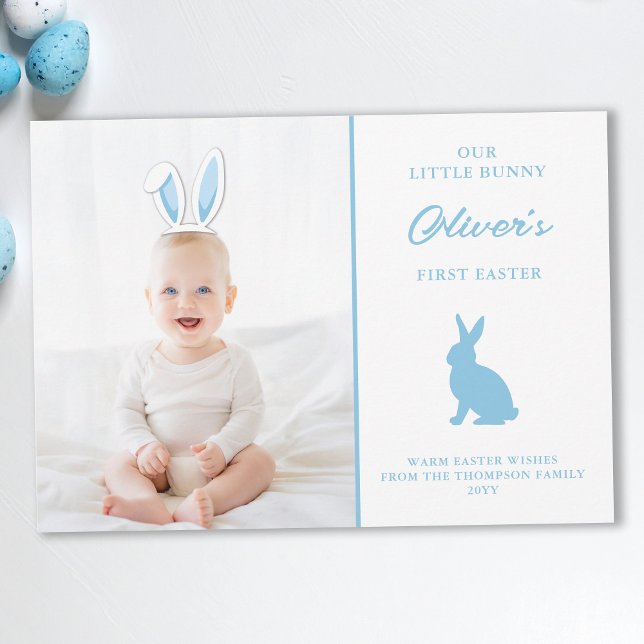 Carte Baby’s 1st Easter Photo Card With Blue Bunny Ears (Créateur téléchargé)