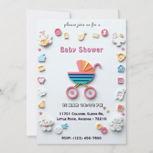 Carte baby shower avec poussette et icônes mignonn