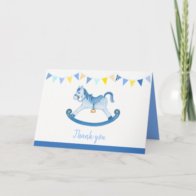Carte Baby shower bleu rocking cheval aquarelle art (Devant)