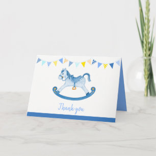 Carte Baby shower blue rocking horse watercolor art
