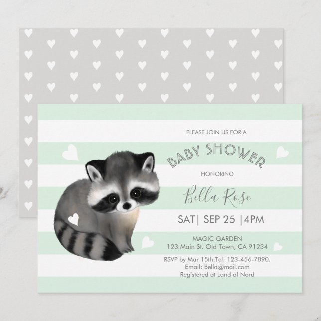 Carte Baby shower Coeur Raccoon Gris Mint (Devant / Derrière)