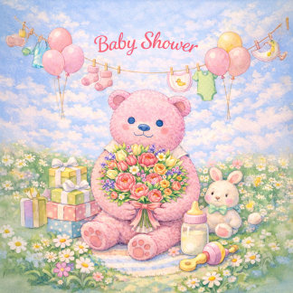 Carte Baby Shower – Illustration Florale Ourson Rose