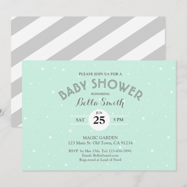 Carte Baby shower Mint Grey Stars White Stripes (Devant / Derrière)