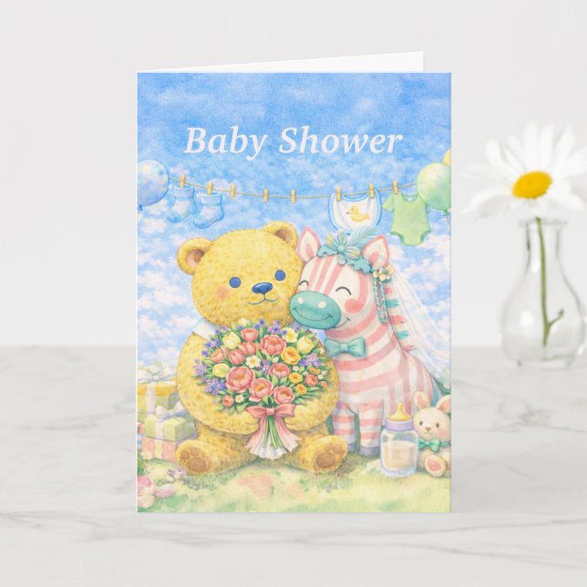 Carte Baby Shower – Ours et Licorne (Petite plante)