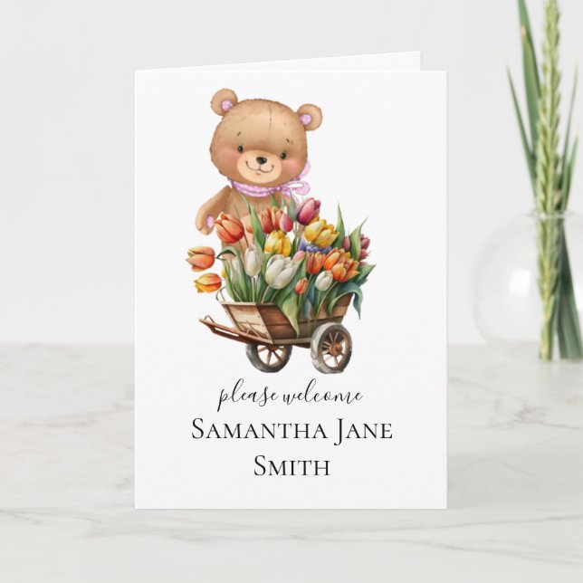 Carte Baby shower Rustique Floral Girl Teddy Card (Devant)