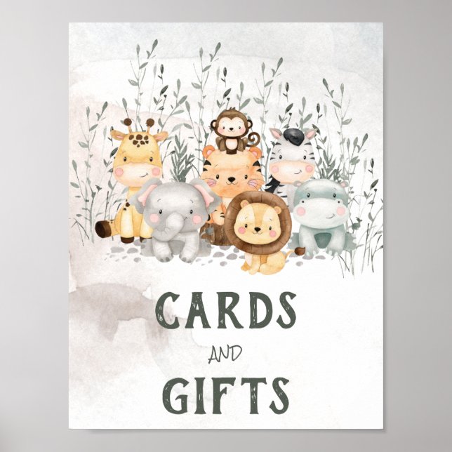 Carte Baby shower Safari Animaux & Cadeaux Poster (Devant)