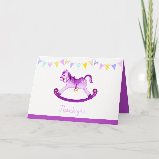 Carte Baby shower violet rocking cheval aquarelle art (Devant)
