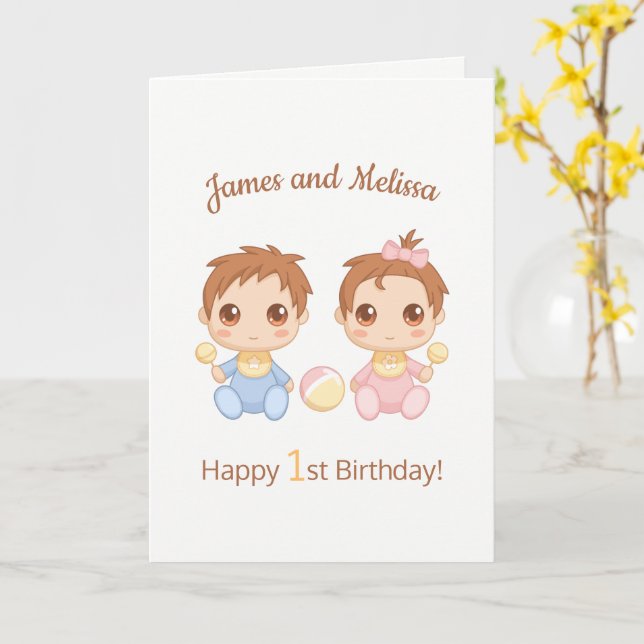 Carte Baby Twins Garçon Fille Premier Anniversaire Blanc (Fleur jaune)