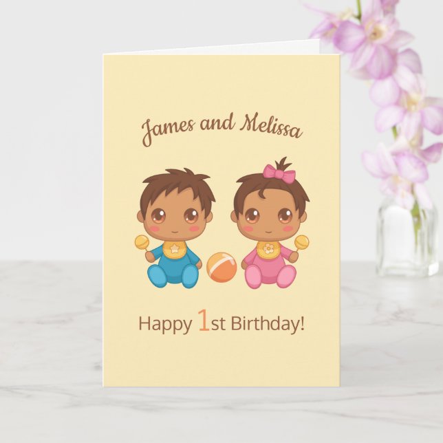Carte Baby Twins Garçon Girl Premier anniversaire Jaune  (Orchidée)