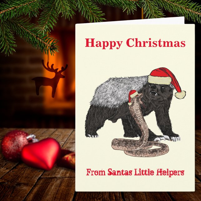 Carte Badger de miel de Noël contre Snake drôle Père Noë (Funny christmas honey badger and snake wearing Santa hats holiday folded greetings cards)
