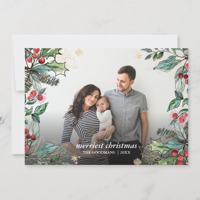 Carte Baies de houx Noël Cadre Photo complète Fêtes (Devant)