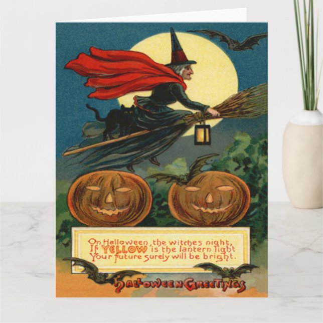 Carte Balai de sorcière Chat noir volant Chauve-souris (Devant)