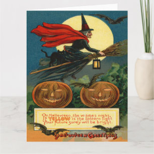 Carte Balai de sorcière Chat noir volant Chauve-souris