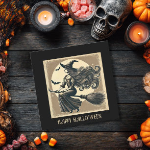 Carte Balai de Sorcière Élégant Vintage Halloween Noir P