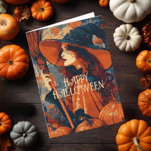 Carte Balai de sorcière vintage Citrouille Halloween élé