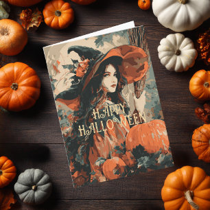 Carte Balai de sorcière vintage Citrouille Halloween élé