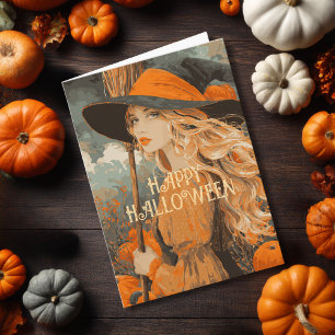 Carte Balai de sorcière vintage Citrouille Halloween élé